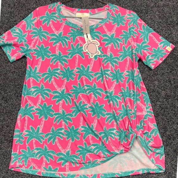 Simply Southern Tops - Simply Southern Pink Palm Tree Side Knot T-Shirt Medium Tropical Summer Top